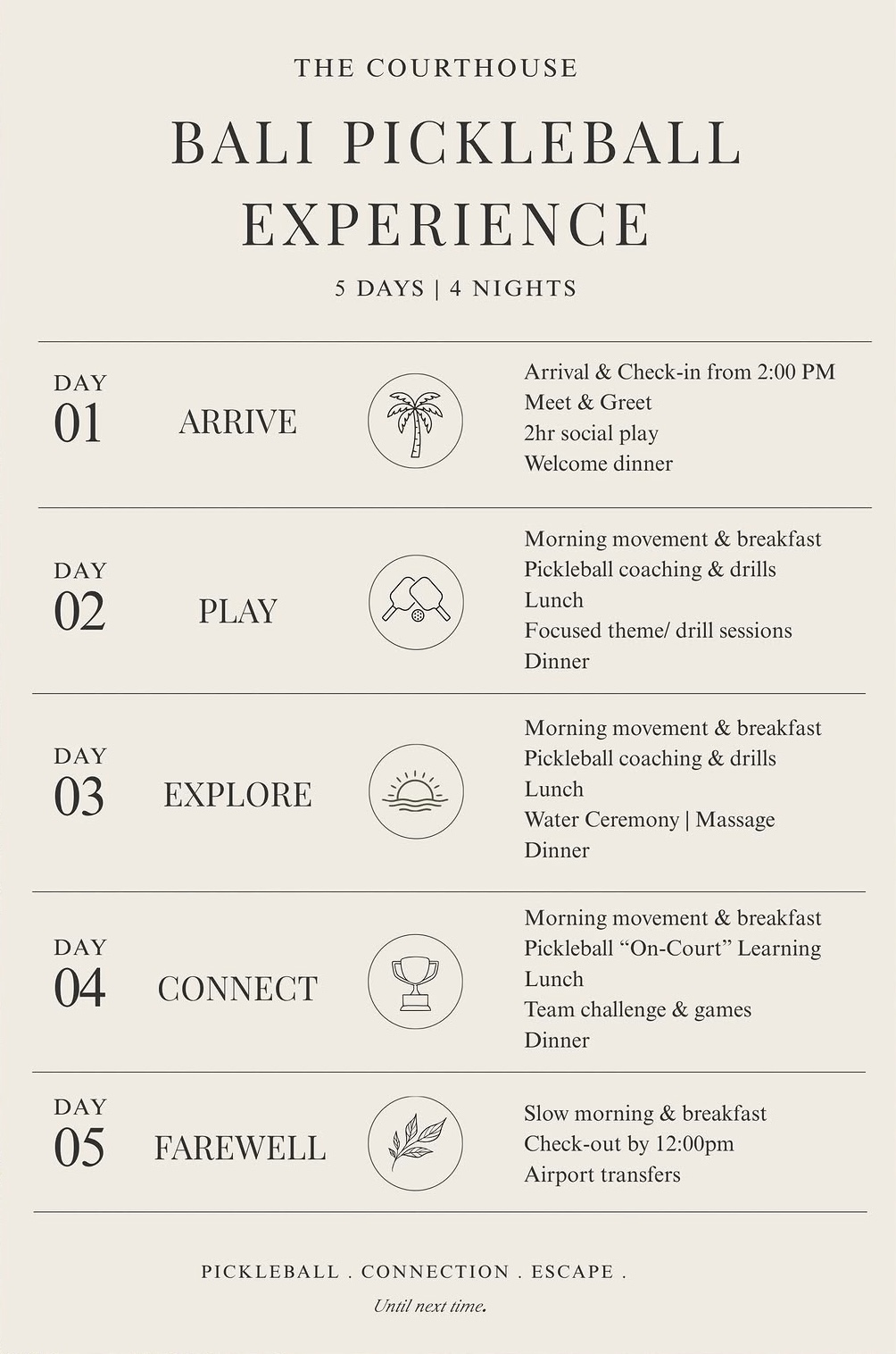 5-day Bali pickleball retreat itinerary: arrive, play, explore, connect, farewell